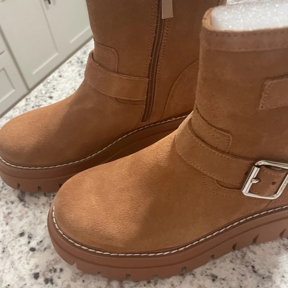 Tan Suede Ankle Boots with Buckles - Picture 3 of 7